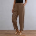 thumbnail image 5 of Women's Stacked V Hem Trousers, High Waist Casual Slub Cotton Pants with Elastic Waistband, Relaxed Fit Long Pants for Daily Wear, Vacation and Loungewear Coffee XL, 5 of 9