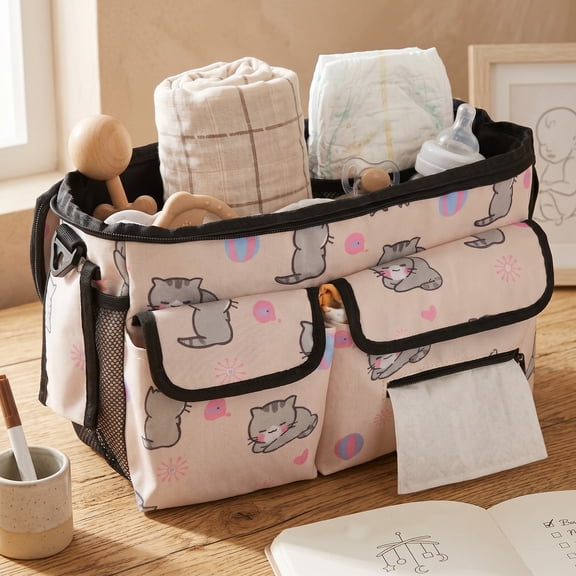 Large Capacity Stroller Organizer,Waterproof Stroller Caddy with Adjustable Strap 2 Cup Holder for Baby Essential,Cat Pattern