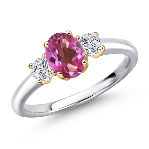 Gem Stone King 10K Two Tone Gold Pink Mystic Topaz and Lab Grown Diamond Engagement Ring for Women | 1.14 Cttw | Oval 7X5MM | Gemstone November Birthstone | Size 8