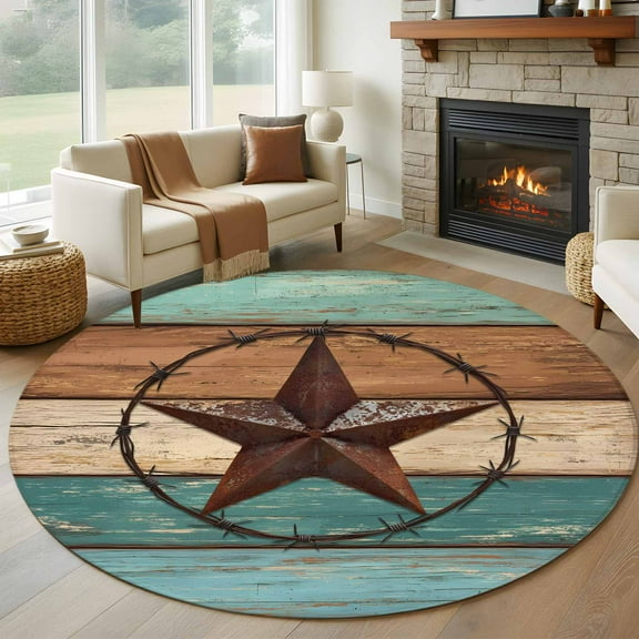Vintage Teal Round Area Rug 5 FT, Non Slip Bedroom Area Rug, Brown Western Texas Barn Star Wood Grain Washable Soft Circular Carpet Non-Shedding Floor Mat for Kitchen Dining Room Foyer Balcony Dorm