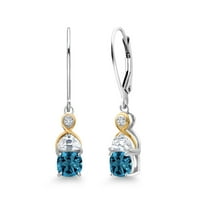 Gem Stone King 925 Silver and 10K Yellow Gold 5MM Cushion London Blue Topaz Half Moon White Moissanite and Lab Grown Diamond Drop Dangle Earrings for Women | 4.50 Cttw