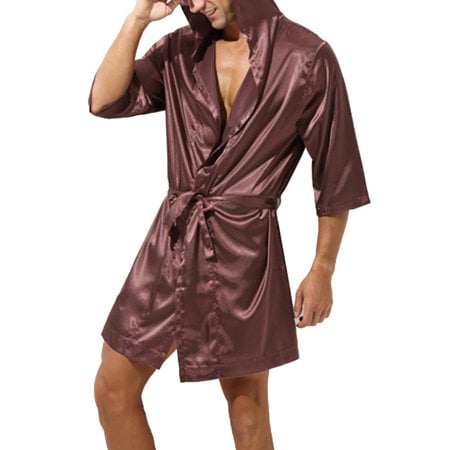 

QIFEI Men Hooded Loose Satin Silk Bathrobe Pajamas Sleepwear Gown Bath Robe Nightwear Coffee L