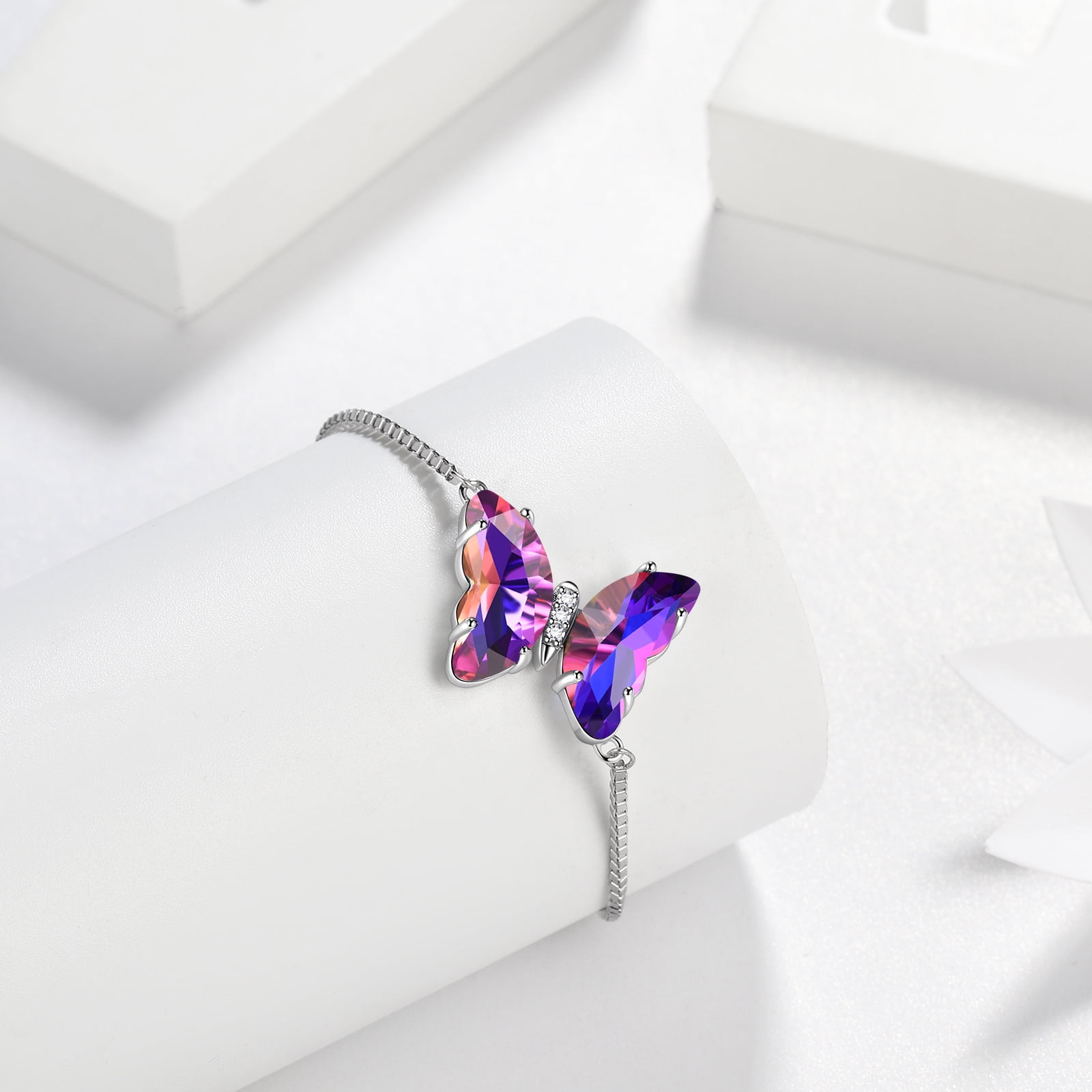 Sterling Silver Butterfly Bracelet Amethyst February Birthstone Bracelet Purple Crystal Jewelry Women Birthday Mother's Day Gifts Juwaliy