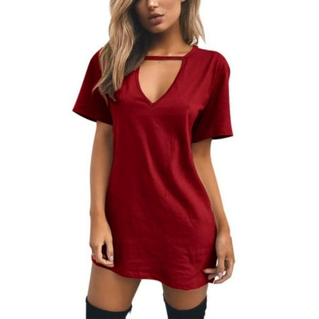 Maraso Women Summer Short Sleeve Cut Out V Neck Solid Color T-shirt Dress Mini