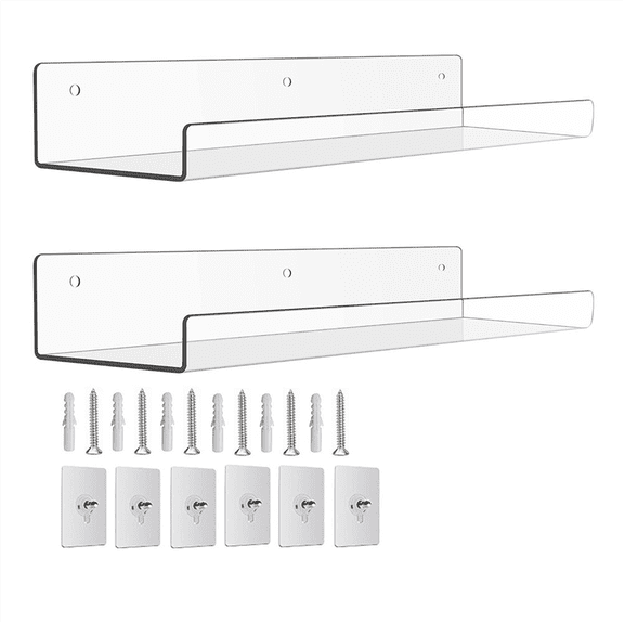 2Pack Acrylic Shelves for Wall Storage,15Inch Floating Bookshelves Kids,Display Shelf Organizer Bathroom,Bedroom