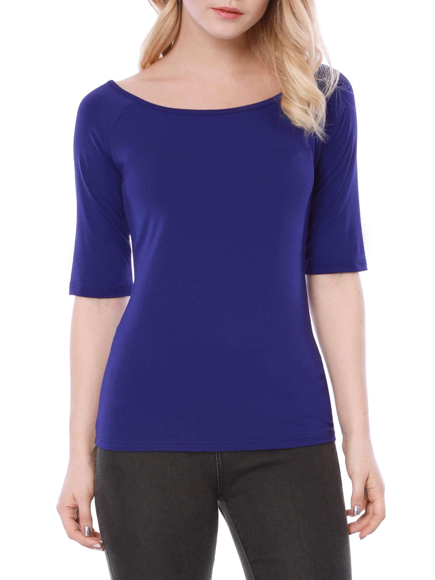 DARING DIVA Women's Slim Fit Pullover Boat Neck Stretchable T-Shirt M Blue