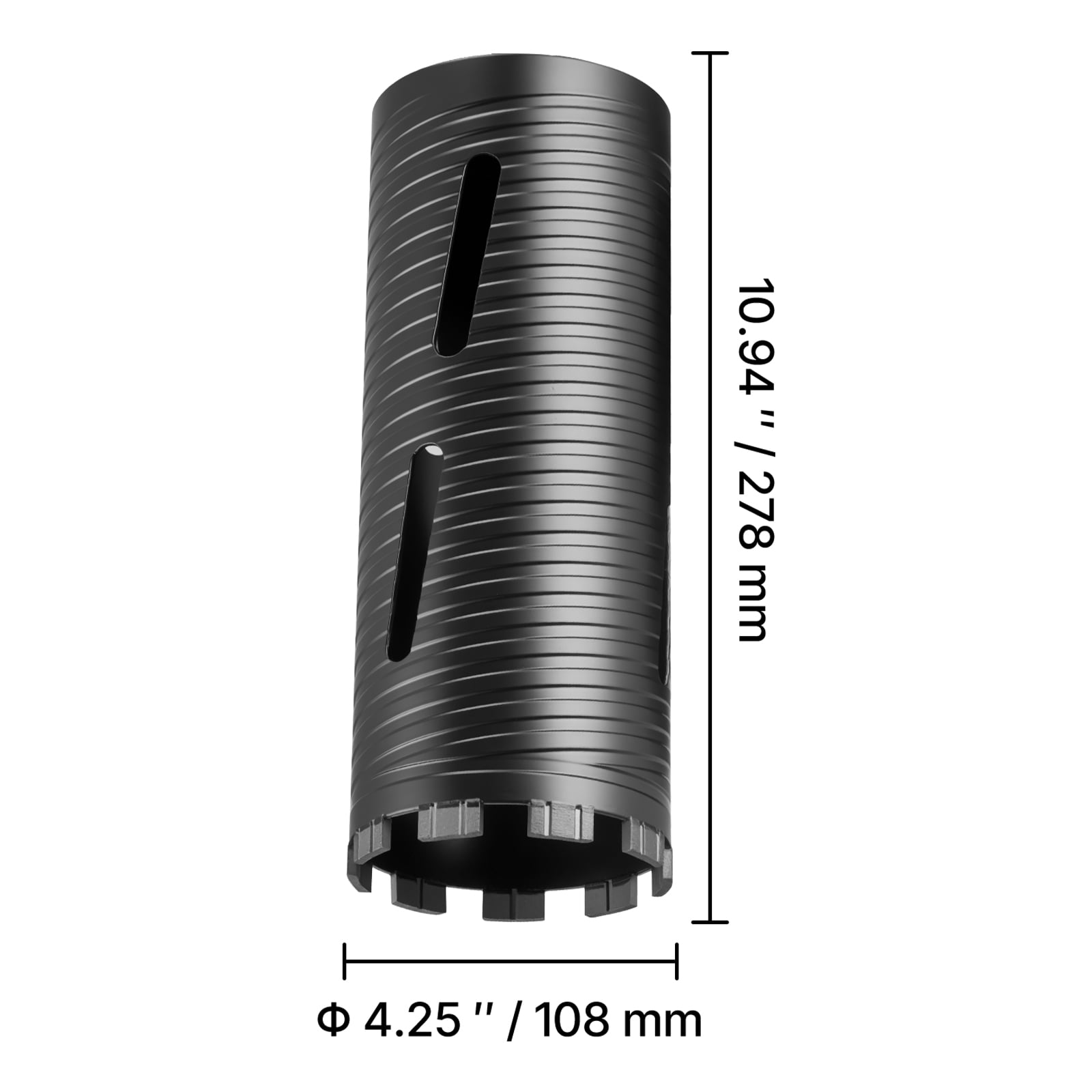 VEVOR Core Drill Bit, 4-1/4 inch Diameter, 9-1/2 inch Drilling Depth, 5/8-11 Internal Thread, Diamond Dry Coring Bit with 3 Adapters, Pilot Drill and Hex Wrench, for Concrete, Red Bricks, and Masonry