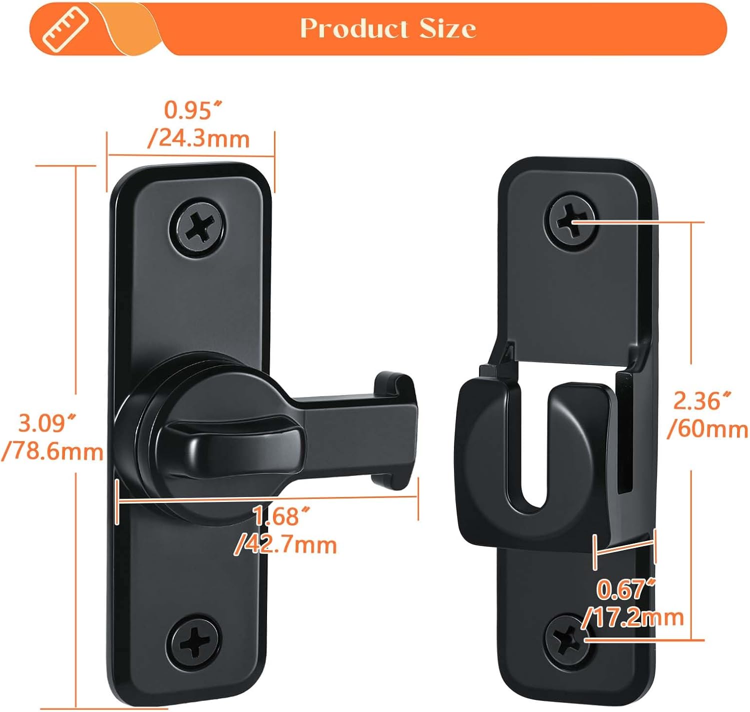 JJEAN-2 Pack Sliding Barn Door Lock, 90/180 Degree Flip Gate Latch, Zinc Alloy Barn Lock Latch Hardware for Barn, Garden, Cabinet, Bathroom, Black