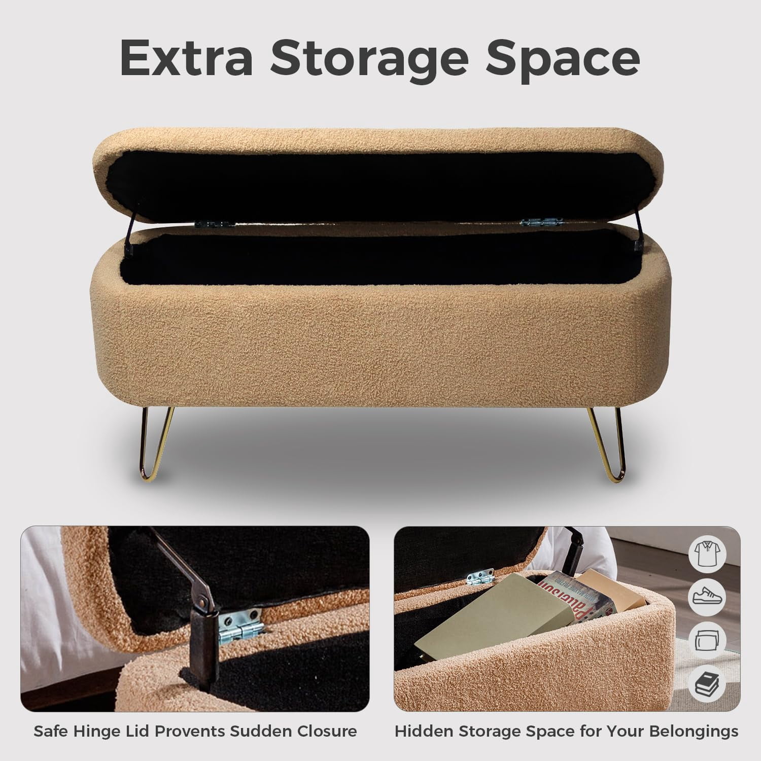 LEHZROAJ Upholstered Storage Bench,Rectangular Padded Ottoman, Shoe Storage with Gold Legs, End of Bed for Bedroom, Entryway, and Living Room(Camel)