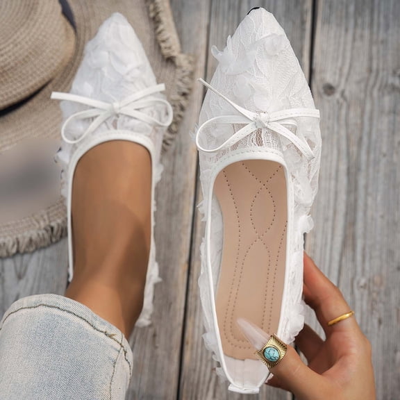 Casual Shoes for Women Elegant Wide Fit Lace Mesh Pointed Toe With Bow Breathable Casual Shoes For Everyday Wear,White,CN:41(US:9)