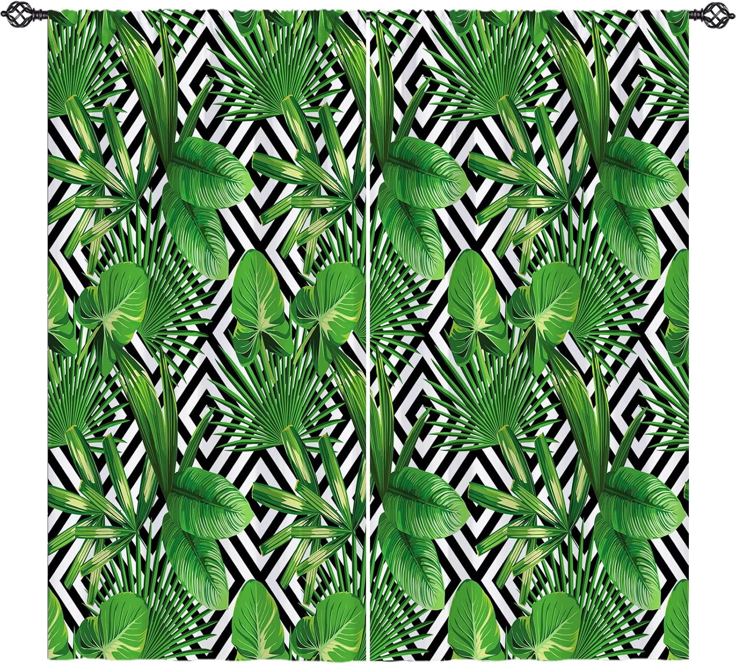 Green Leaf Curtains Rod Pocket Blackout Room Darkening Curtains with Banana Palm Leaf Black Lattice Print Pattern Tropical Theme Window Drapes for Bedroom Living Room, 2 Panels, 52 x 84 Inch