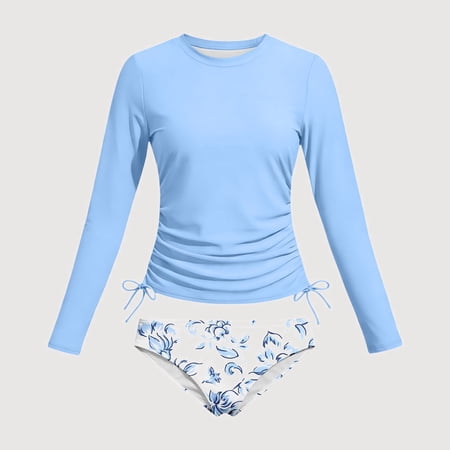 Gyujnb Side Ruched Long Sleeve Two Piece Swimsuit With Floral Print Bottoms (Big Girls) 9-10 Years