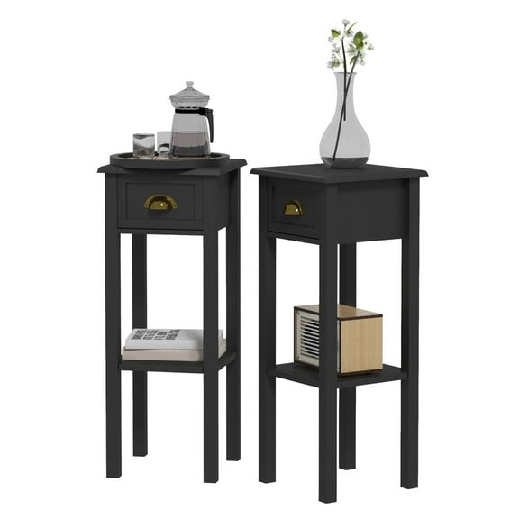 KWUXIN Set of 2 Black 2-Tier Side Tables with Drawer Shelf, Matching End Tables for Living Room and Hallway