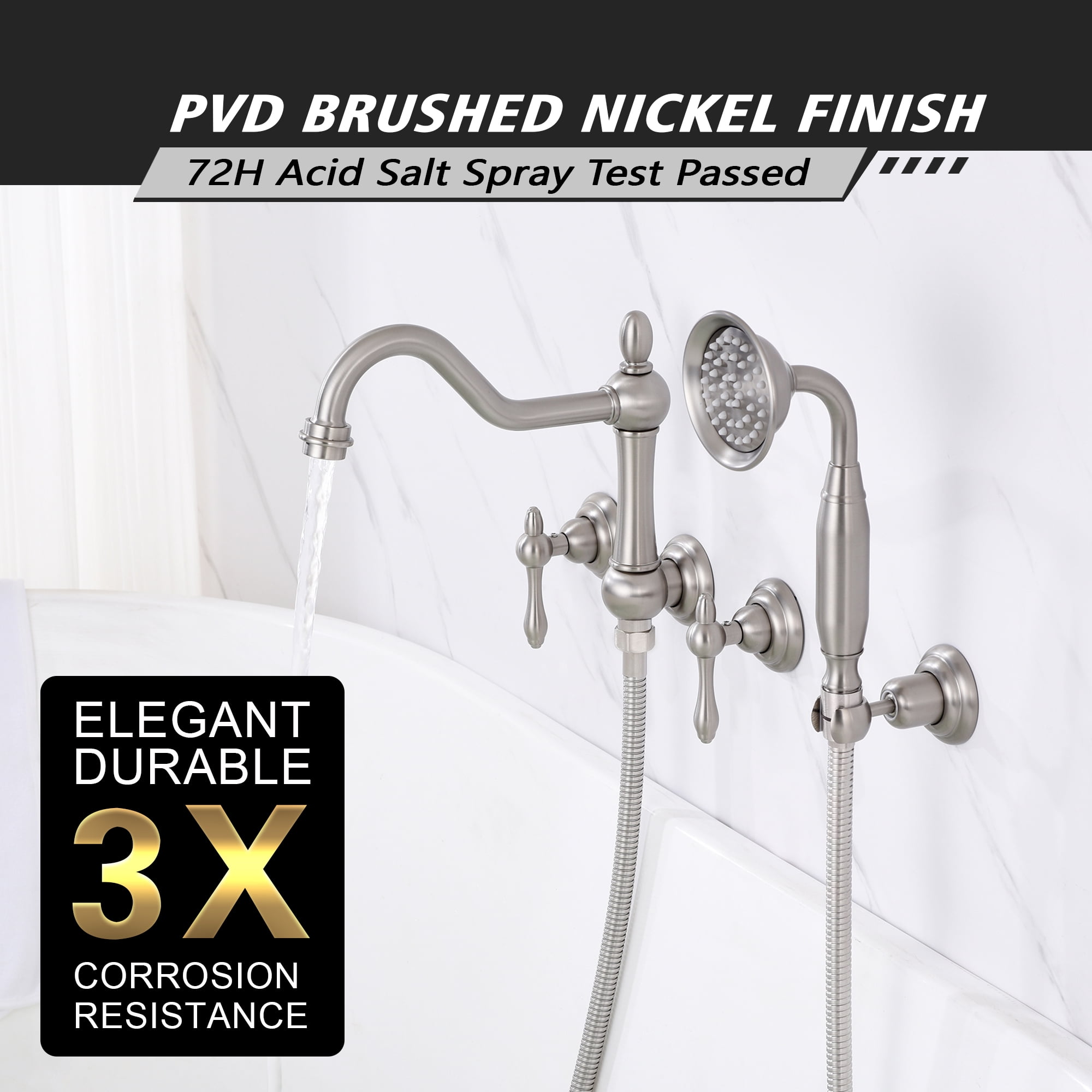 SUMERAIN Wall Mount Bathtub Faucet with Handheld Sprayer, High Flow Traditional Tub Filler Brushed Nickel, Rough-in Valve Included