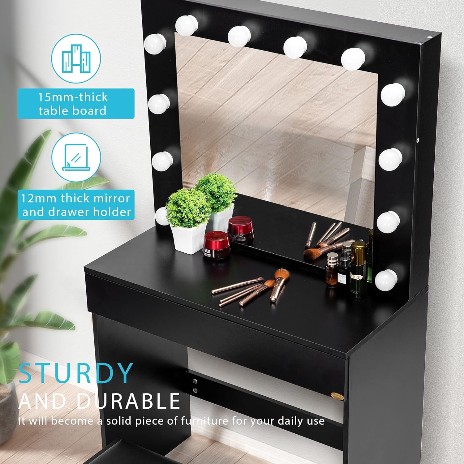 SPECSTAR Makeup Vanity Set with 12 Light Bulbs, Makeup Dressing Table with Lighted Mirror and Large Drawer, Black