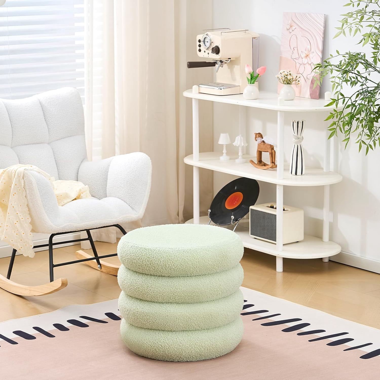 Casa Pura Furniture Round Storage Ottoman, Modern Sherpa Footstool, Teddy Vanity Stool with Flip-Top Tray, Makeup Chair for Home Decor, Upholstered Footrest for Living Room & Bedroom