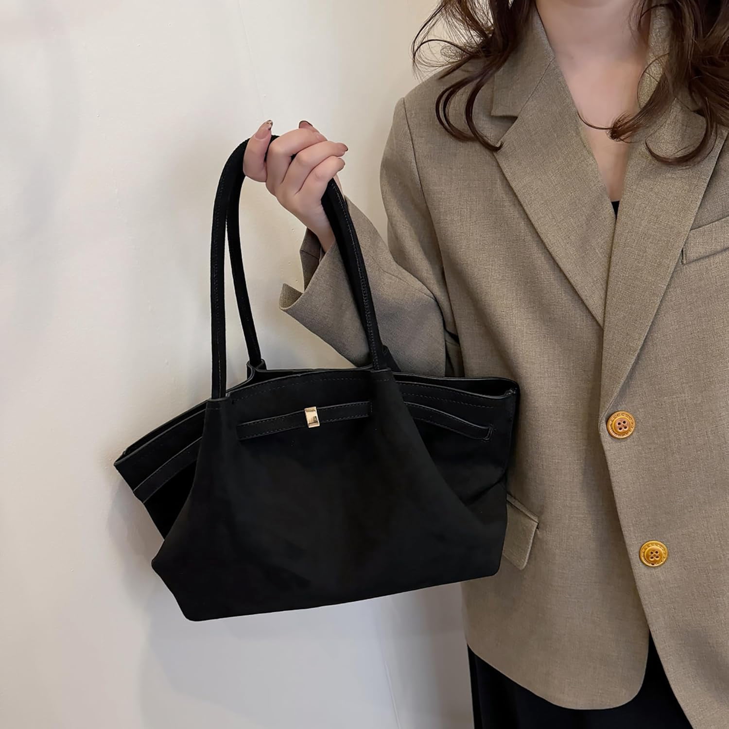 Kwuty Faux Suede Tote Bag for Women, Hobo Handbag Women Vintage Shoulder Bag Purse for Work Office Travel（Black）