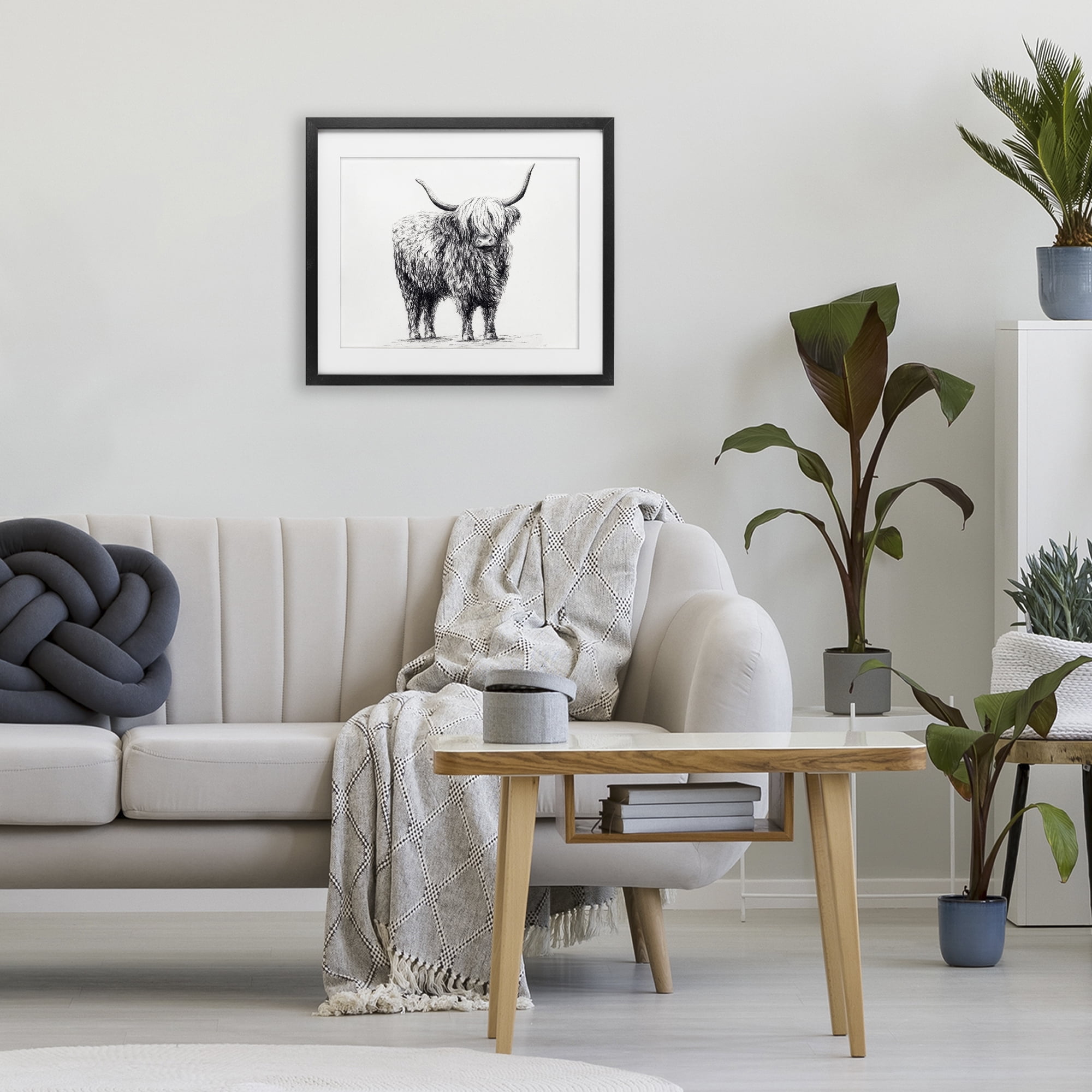 Stupell Industries Highland Cow in Charcoal Black Framed Print Under Glass, design by Leah Noel Art