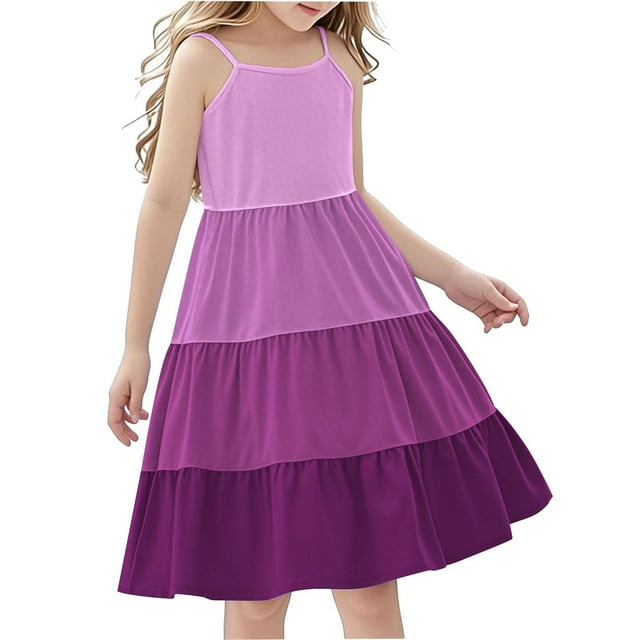 ShomPort Sundress for Girls Color Block Spaghetti Strap Layered Boho A-Line Midi Skirt Cozy Summer Spring Casual Dress