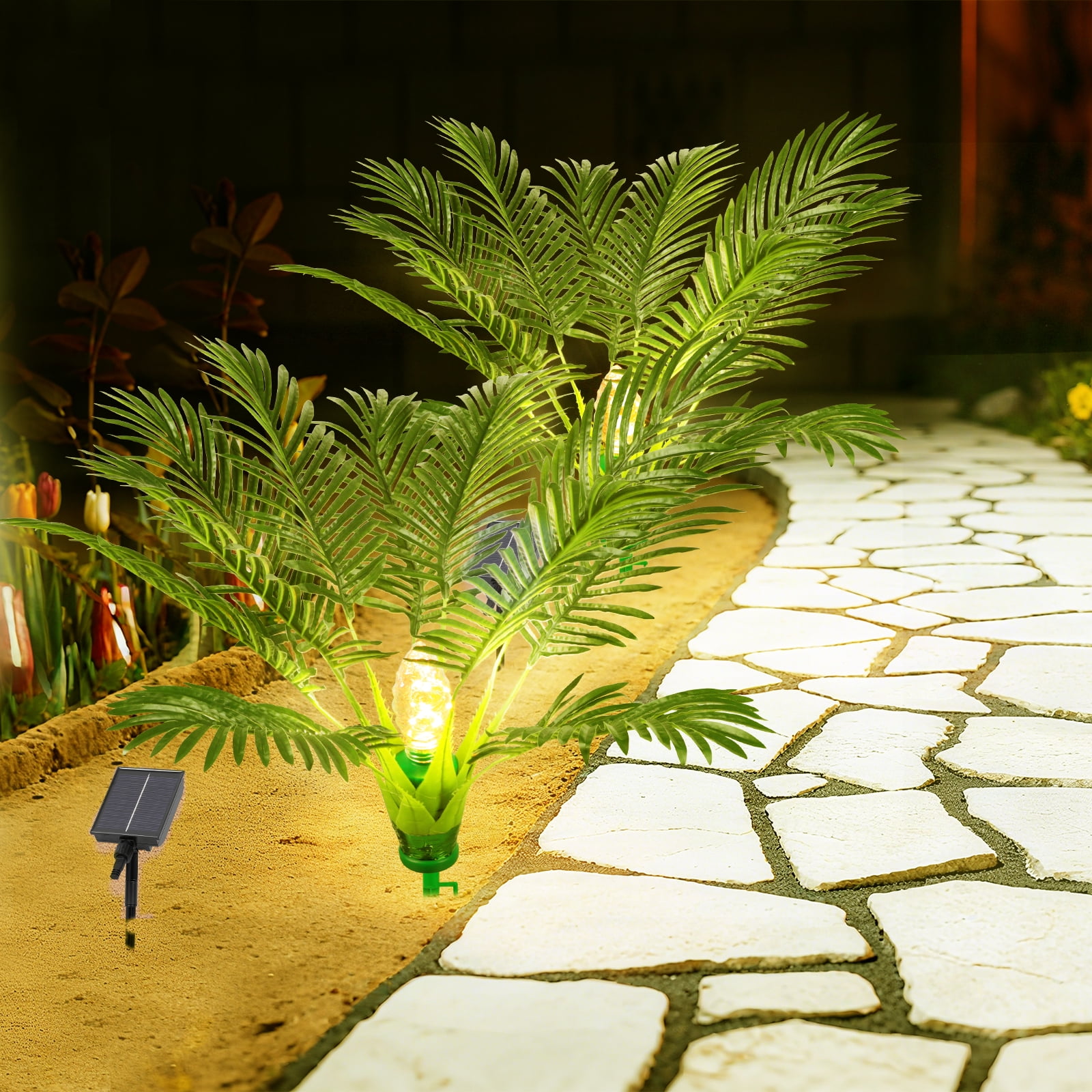 2 Pack Solar Christmas Palm Tree Lights Outdoor, 25" Prelit Artificial Plants with 8 Lighting Modes, Pathway Spike for Xmas Yard, Patio, Garden Decor