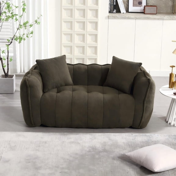 CKEASEAN 66"W Modern Bean Bag Sofa for Adults, Memory Foam Filled Loveseat Bean Bag Sofa with 2 Pillows, Chenille Compression Couch with Armrests for Living Room, No Assembly Required