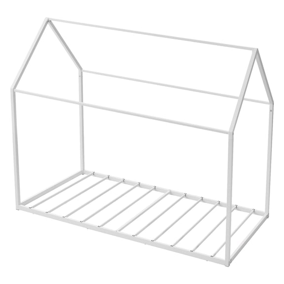White Twin House Bed Frame for , Sturdy Metal Floor Bed with Roof, Heavy Duty Steel Slats, Easy Assembly, No Box Spring Required, for Boys and Girls