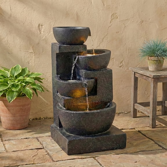 LiviNest 4-Tier LED Water Fountain for Patio: 29-Inch Cascading Waterfall with Warm Lights - Create a Serene Retreat in Gardens & Backyards - Compact 15x15 Inch Polyresin Outdoor Indoor Decor