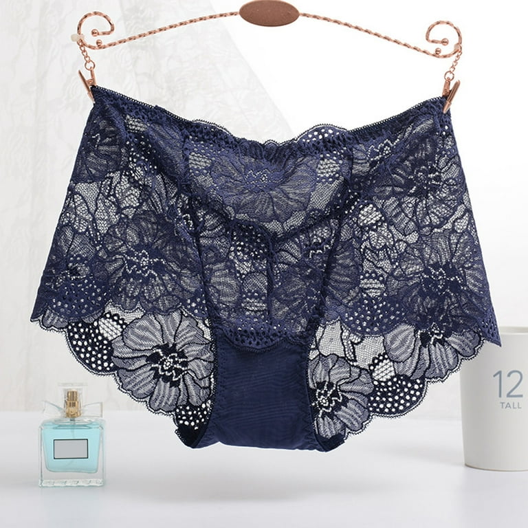 5Pcs Women Lace See Through Hollow out Elastic Underwear High Waist Briefs,Dark  Blue XL 