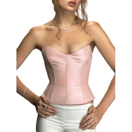 GXFC Women s Slim Basic Overbust Corset Tube Tops Solid Color Baby Shaper Lingerie Satin Low Cut Sleeveless Strapless Bandeau Crop Tops