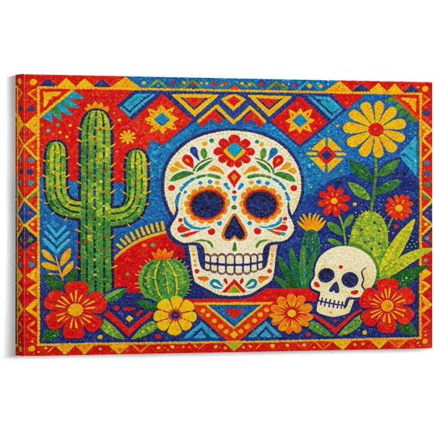Impresión calle colonial con ornamentación Día de Muertos, personajes tradicionales y puestos de mercado, decoración cultural mexicana festiva para hogar y local comercial