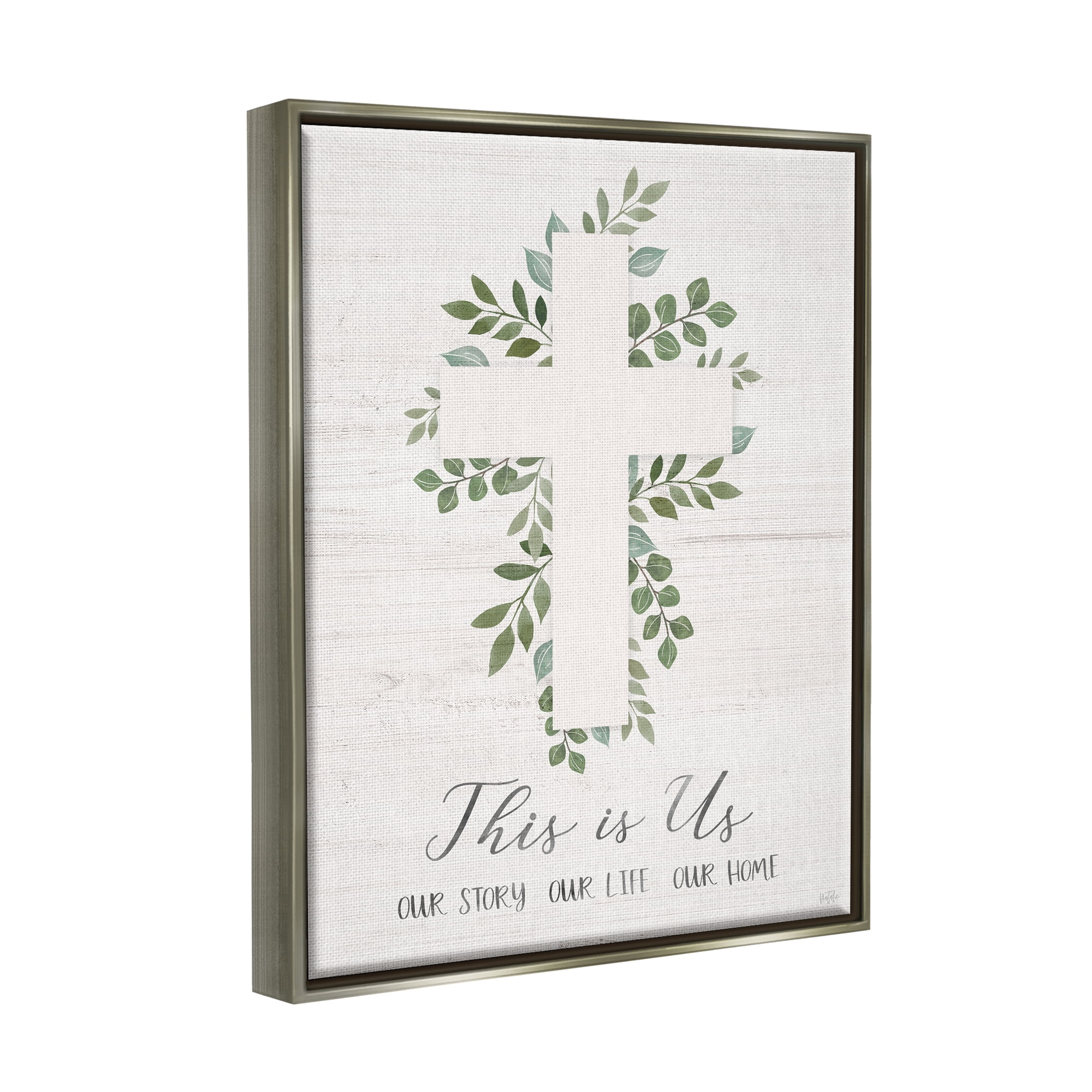 Stupell Industries This Is Us Botanical Cross Symbol Religious Painting Gray Floater Framed Art Print Wall Art