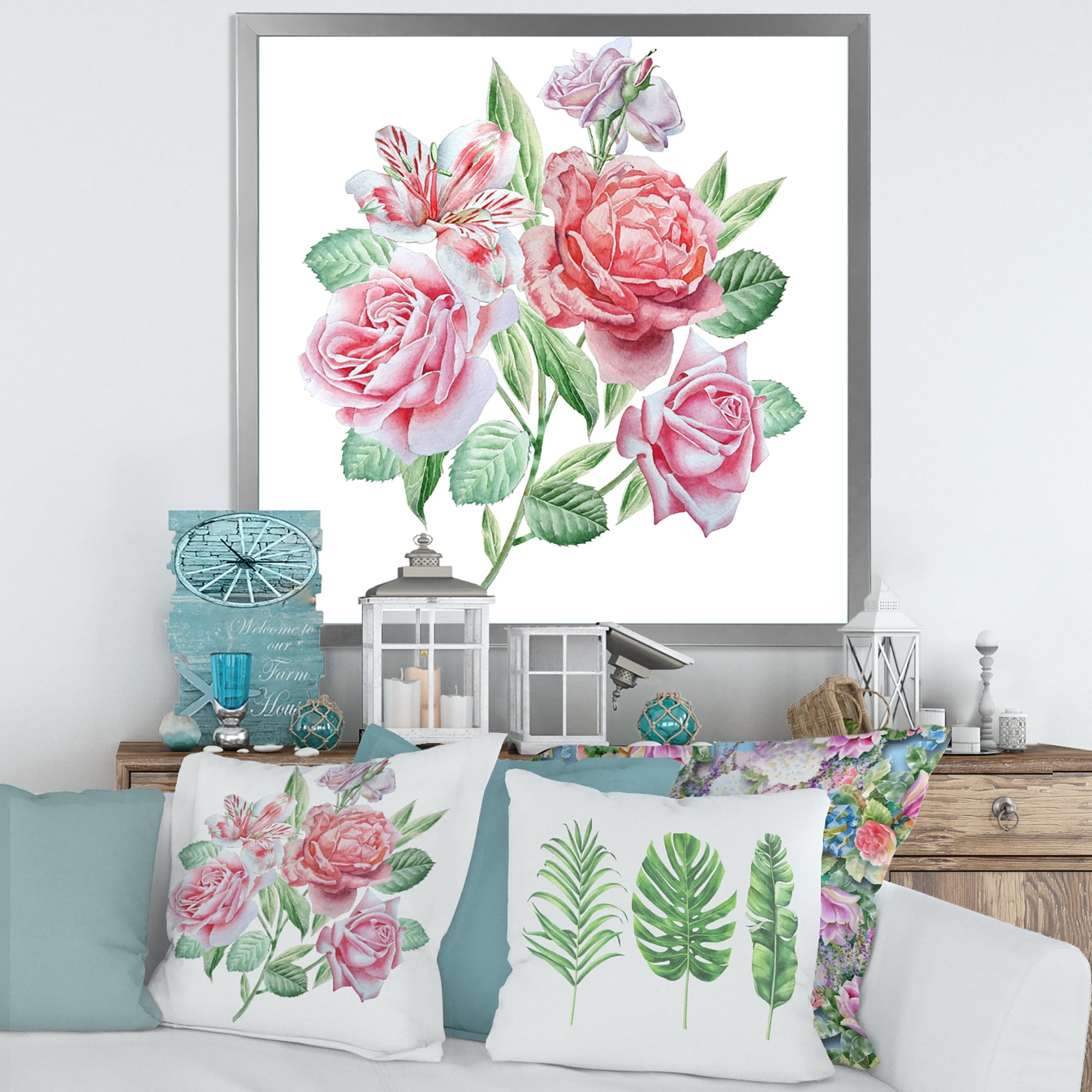 Spring Flowers Alstroemeria Pink Roses 30 in x 30 in Framed Painting Canvas Art Print, by Designart