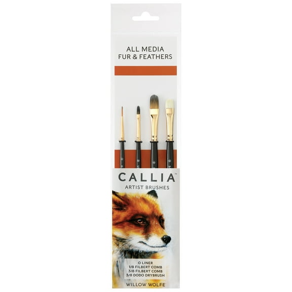 Willow Wolfe Callia Artist All Media Fur & Feather Brush Set-Liner, Filbert Combs, Dodo Drybrush