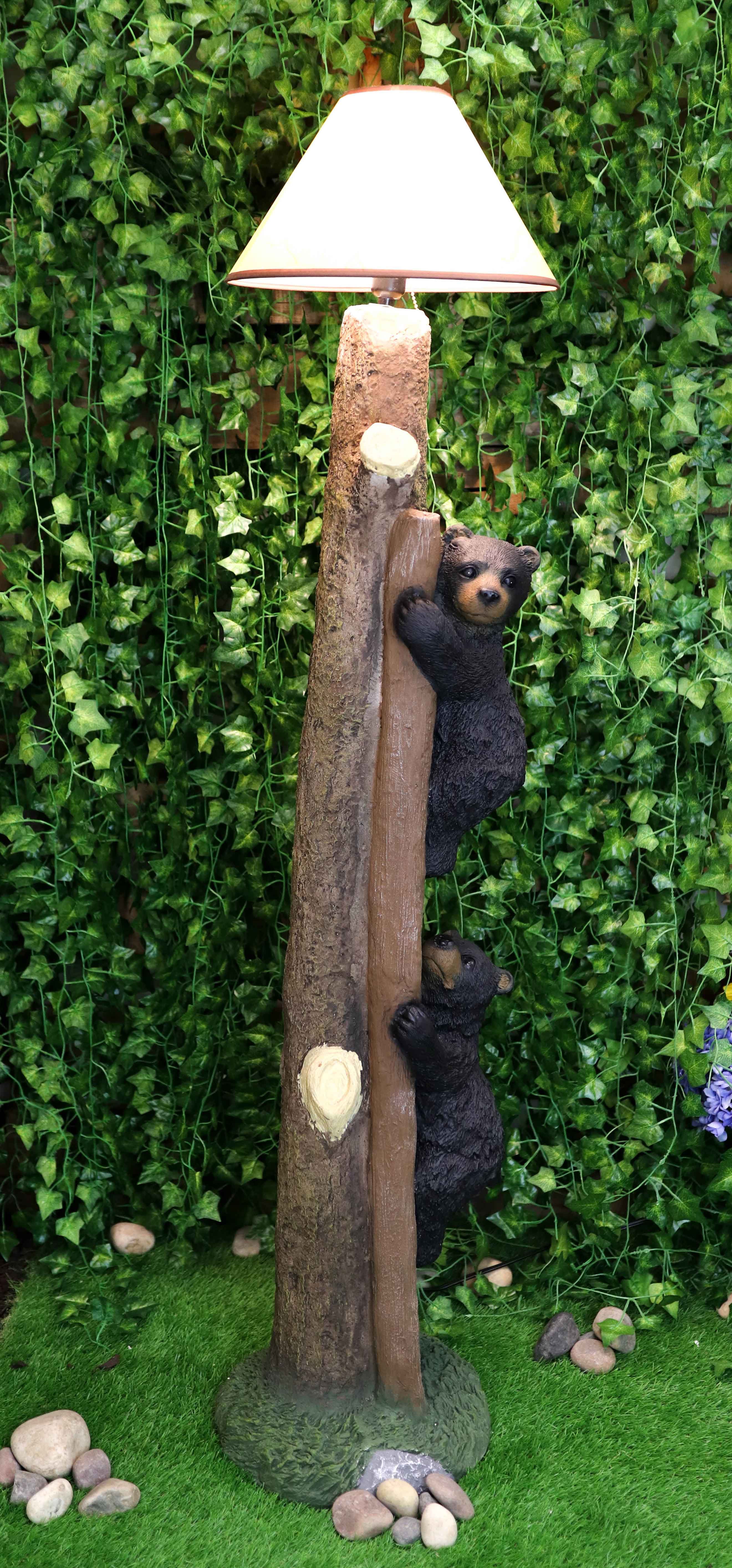 Rustic Black Bear Cubs Climbing Up Tree, Climbing Bear Floor Lamp