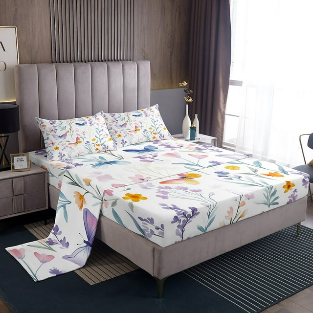 Erosebridal Watercolor Flower Bed Sheets Set Full Size, Colorful Butterfly Bedding Set, 4 Pieces, Lightweight