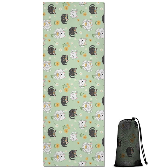 70x26 Inch Yoga Towel, Sweat Absorbent Non-Slip Mat for Hot Yoga, Pilates & Fitness,Cat Floral Daisy Green Pattern