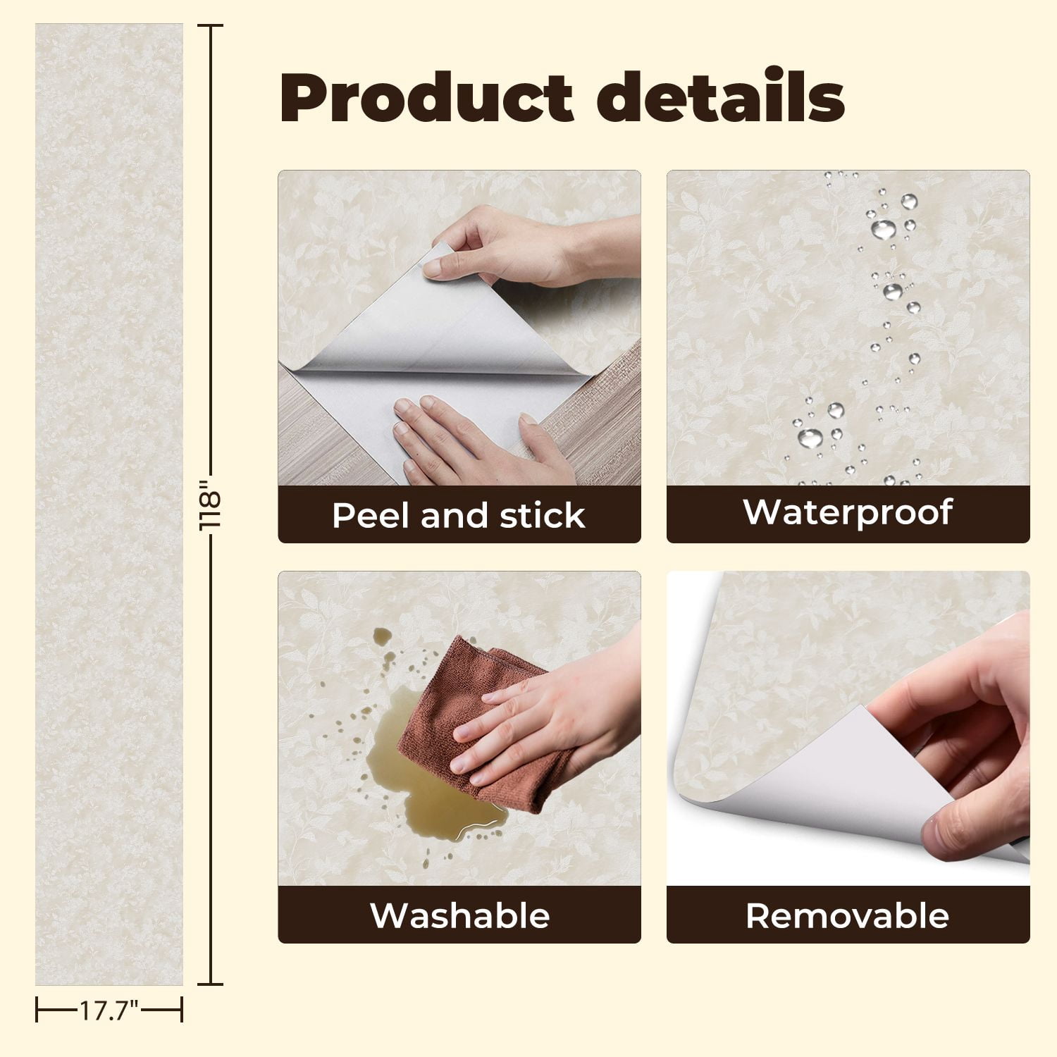 Peel and Stick Wallpaper Beige Floral Damask Soft Botanical Vines Elegant Wall Mural 17.7in x 9.8ft Self Adhesive Removable Wall Paper Renter Friendly Wallpaper for Nursery Bedroom Cabinets