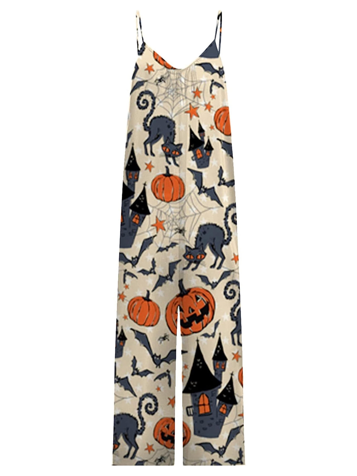 Women's Halloween Strap Jumpsuit Sleeveless One Piece Pumpkin Bat Cat Romper Playsuit Spaghetti Strap Baggy Overalls Pants