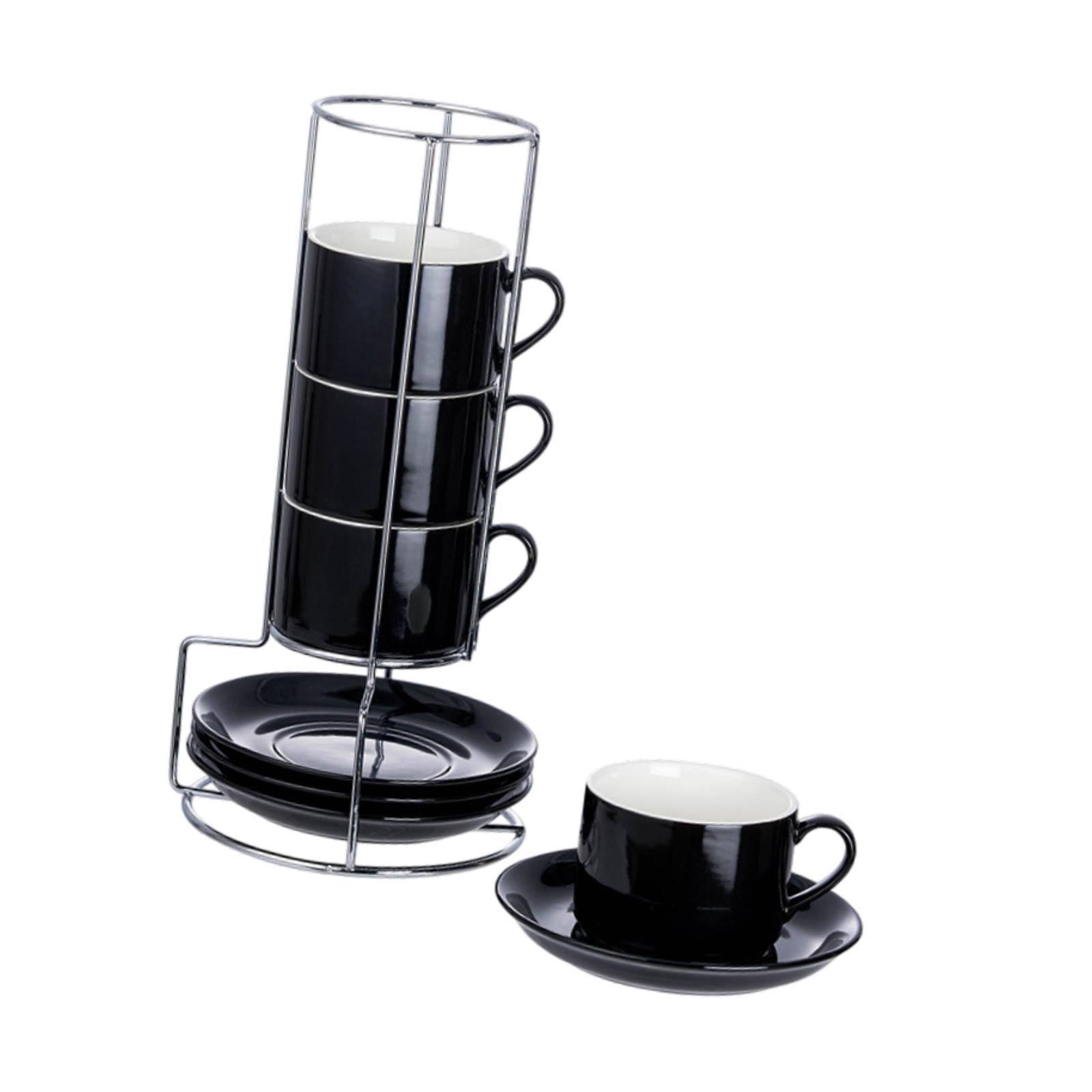 Esquirla Ceramic Espresso Cups Coffee Cups,Sturdy,Porcelain,Espresso Mugs with Saucers and Metal Stand Stackable for Cappuccino Coffee 5OZ