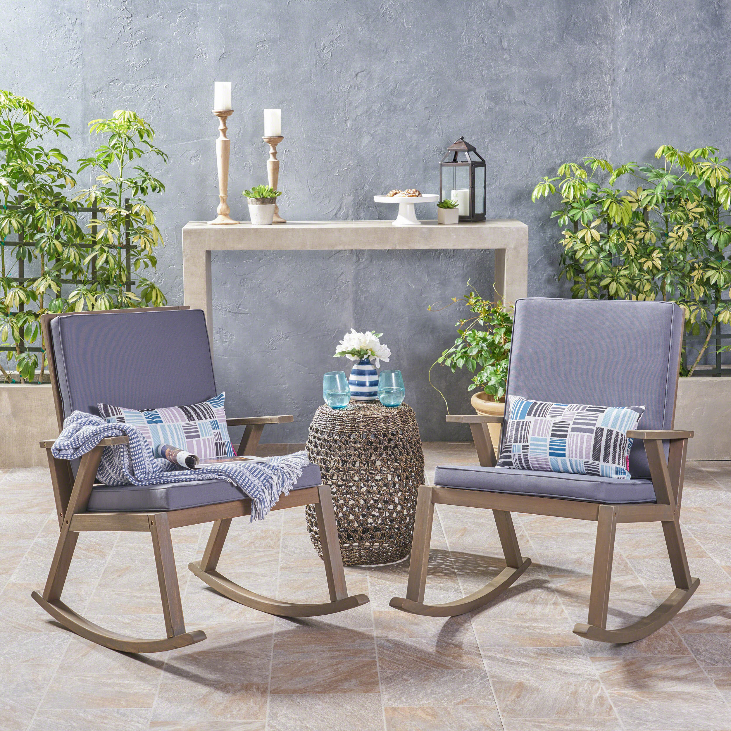 Outdoor Acacia Wood Rocking Chair Cushion, Grey