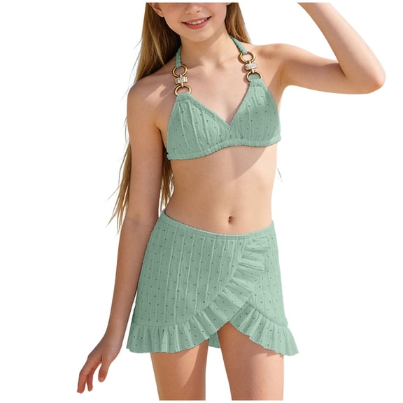 Staki Girl Swimsuit Big Kids Girls Bikini Sets Bathing Suit with Print Cover Up Skirt 3 Pi𝐞ce Summer Beach Vacation Wear 4Y 5Y 6Y(Green,5-6 Years)