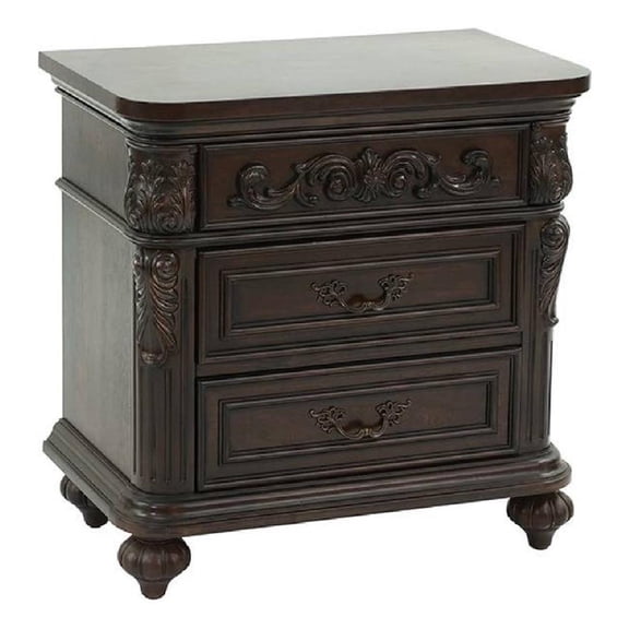 30 Inches 3 Drawer Engraved Wooden Nightstand, Brown
