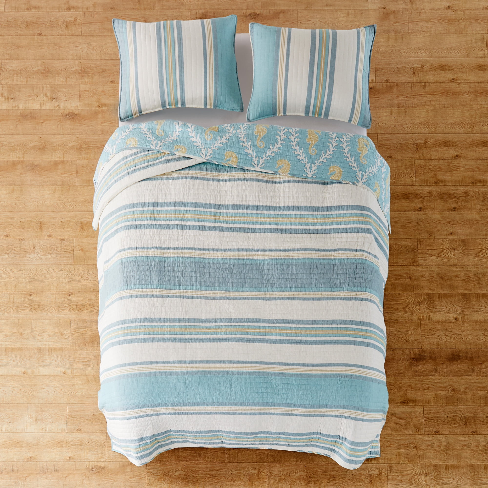 Levtex Home Blue Teal Taupe Cream Cotton Quilt, Queen - Reversible