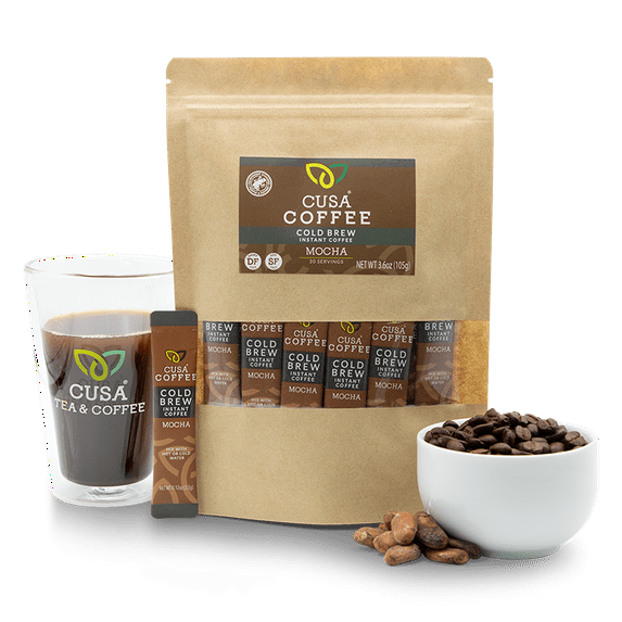 Cusa Tea & Coffee | Premium Instant Mocha | Rainforest Alliance Certified Arabica Beans | Hot or Cold Brew Drink Mix Packets (30 Single Servings)
