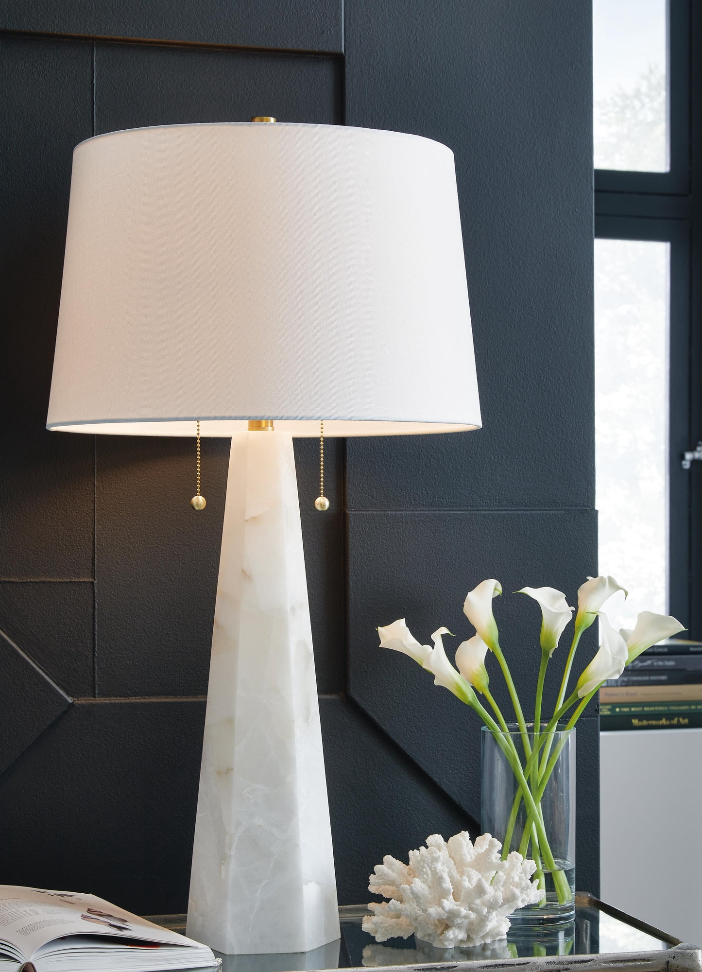 Signature Design by Ashley Laurellen Modern White Alabaster Table Lamp with Dual Lights