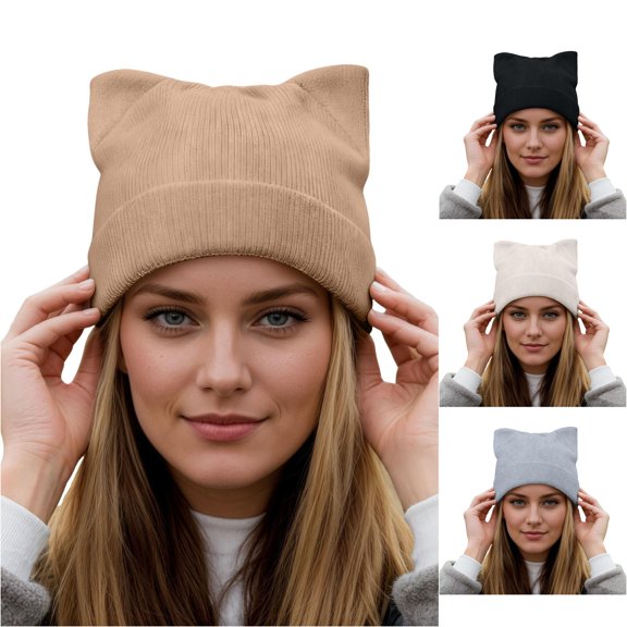 XIAOCHA Cat‑Ear ed Beanie for Women,Solid‑Rib Fall‑Winter Outdoor Toque,Khaki