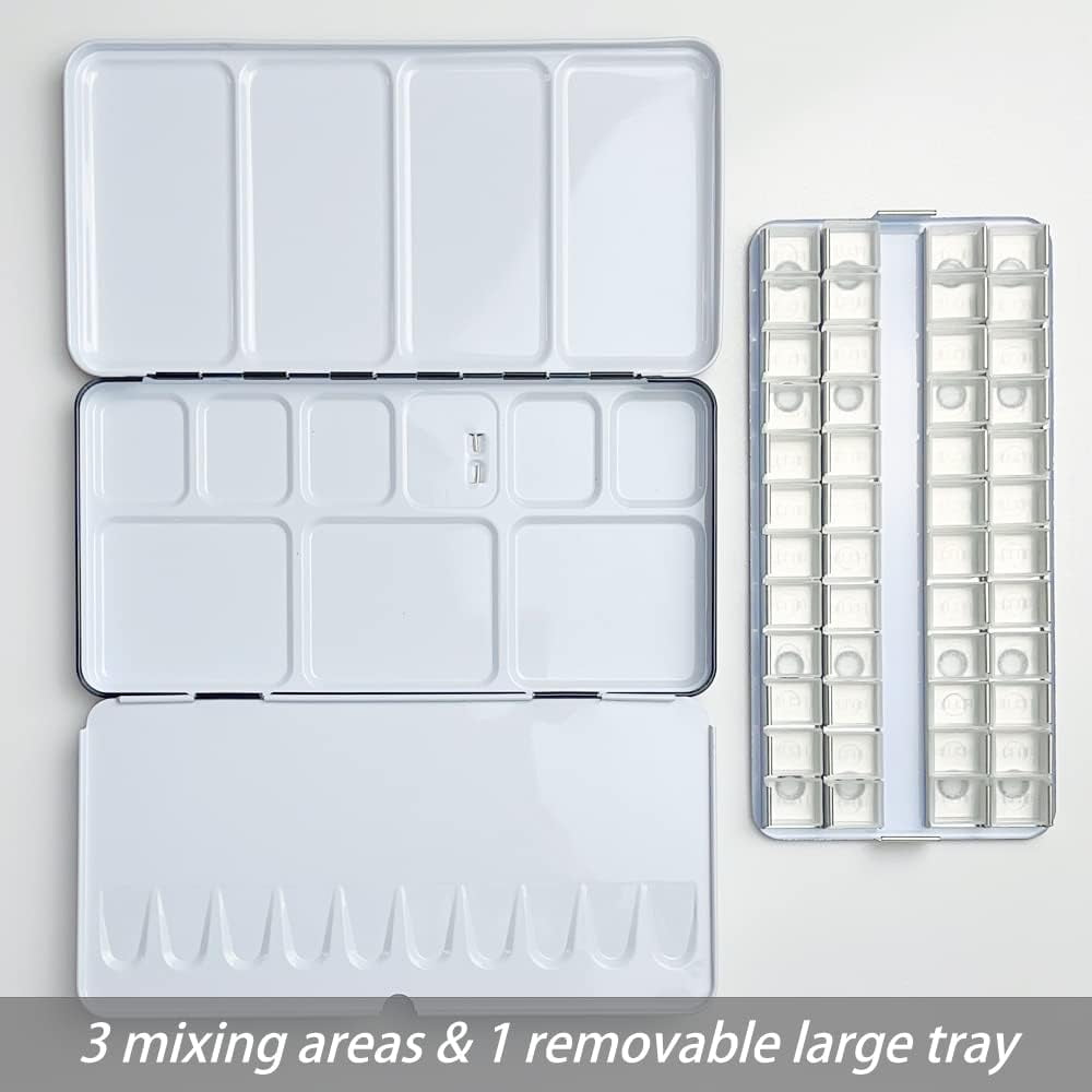 JJEAN-Watercolor Palette, 48 Wells and 3 Mixing Areas - Empty Half Pans Watercolor Palette with Lid, Folding Paint Tray