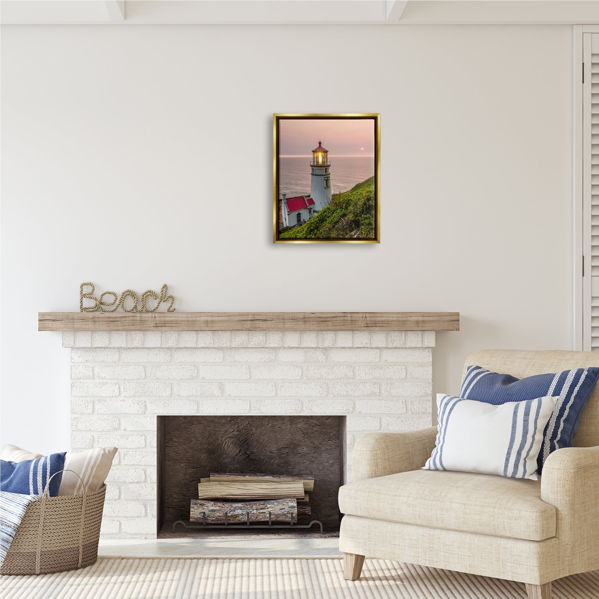 Stupell Industries Lighthouse at Sunset Nature Photography Gold Floater Framed Art Print Wall Art, 17 x 21