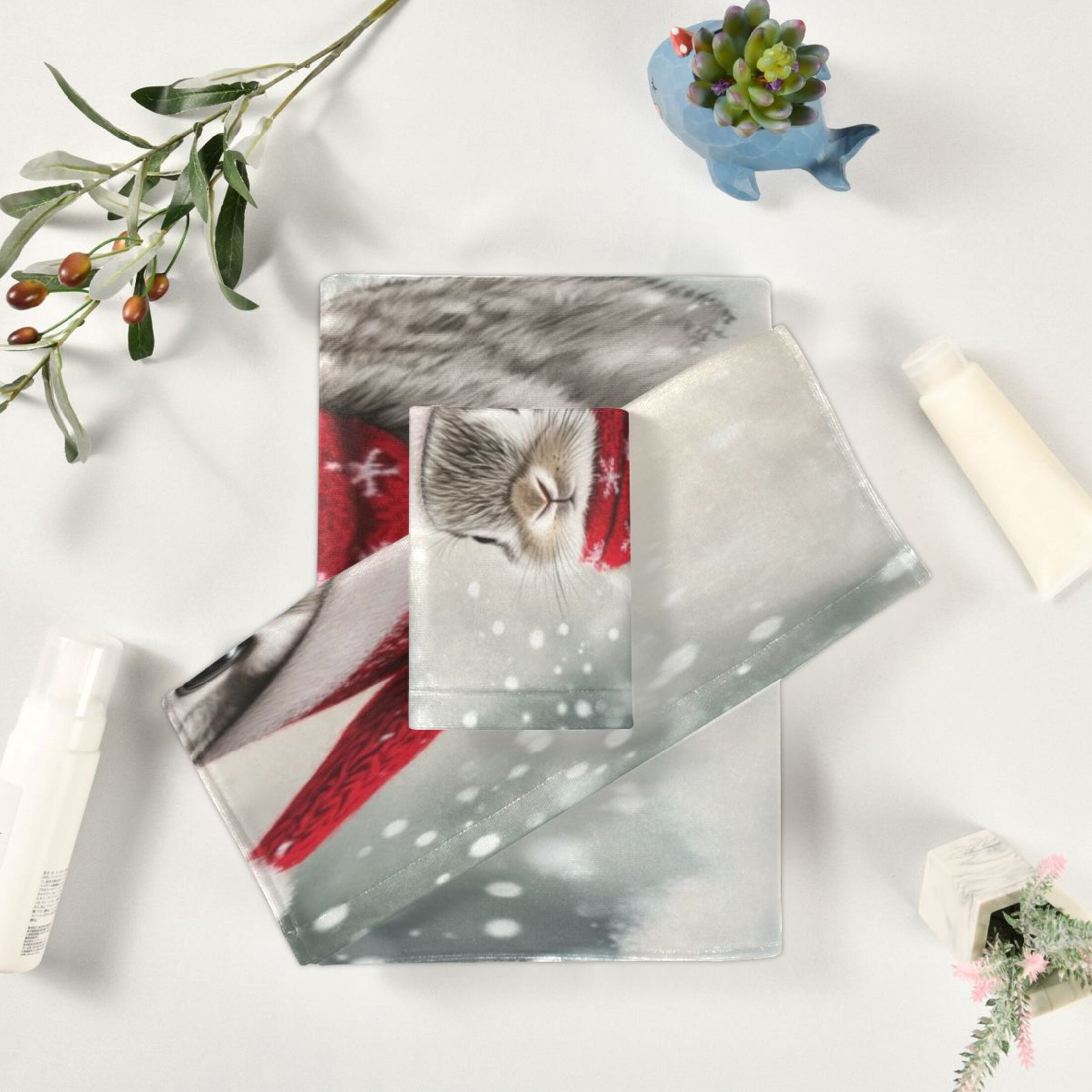 Three-Piece Towel Set Face Towel Towel Set Hand Towel Bath Towel Cotton Bath Towels Bath Towel Sets Hand Bath Towels Gray Christmas Bunny