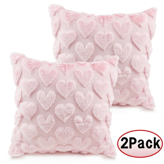 Valentines Heart Pillow Covers Plush Faux Fur Love Heart Throw Pillow Covers for Bedroom Sofa Holiday Festivals Home Decor (18x18 inch 2pcs Pink)